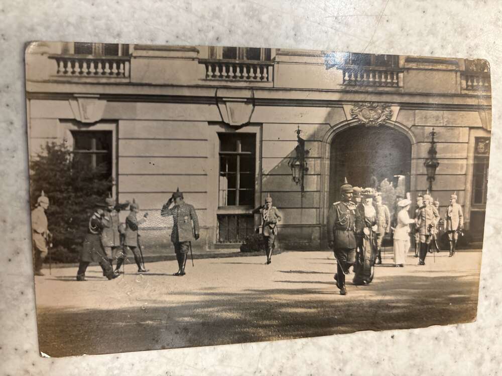 WWI German photo card Kaiser Wilhelm II and Kaiserin Augusta Victoria and officers