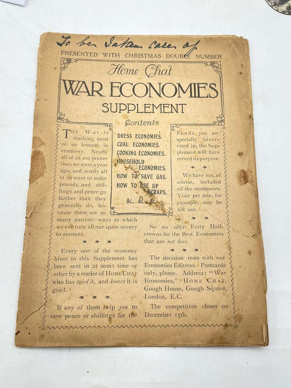 Rare WW1 British Home Chat War Economies Supplement On Clothing & Food