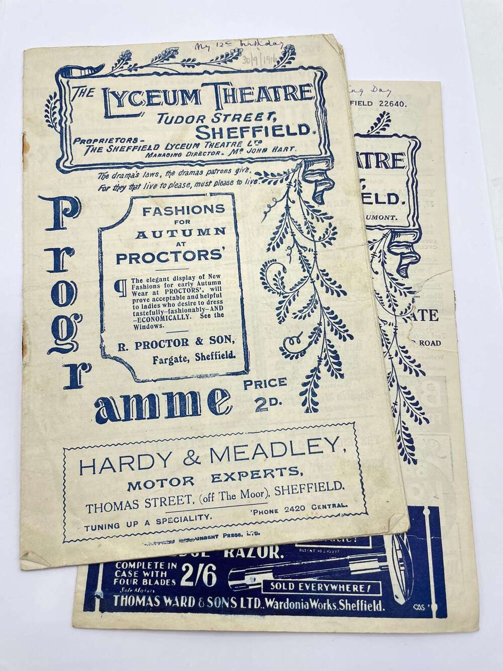 WW1 Period British Home Front 1916 Dated Lyceum Theatre Programme