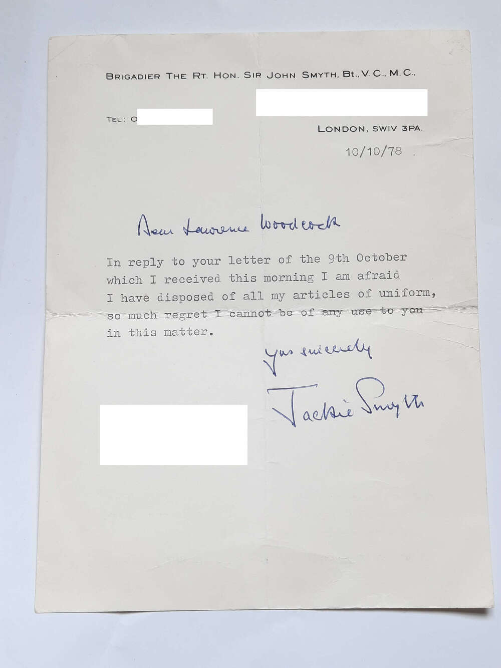 Sir John Smyth VC Autograph