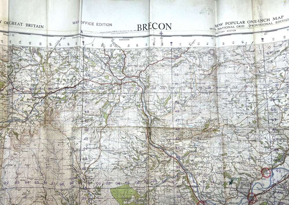 1949 W.O. Ordnance Survey 1" Map Brecon: National Grid Military System