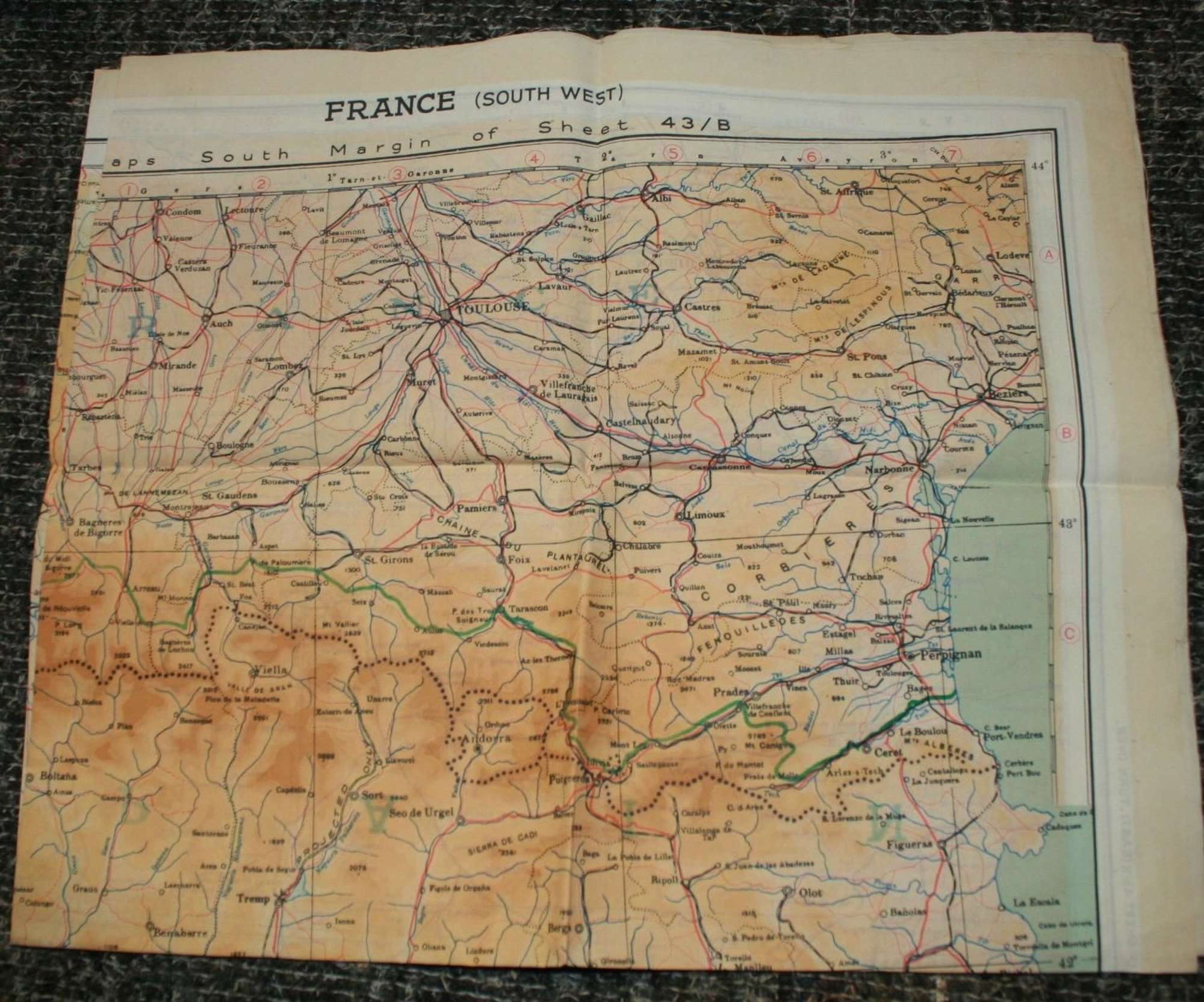 A WWII RAF ESCAPE MAP OF SPAIN / FRANCE AND PORTUGAL 
