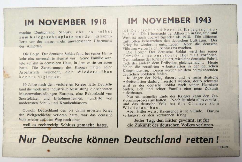 WW 2 Air Dropped German Propaganda Leaflet FL21