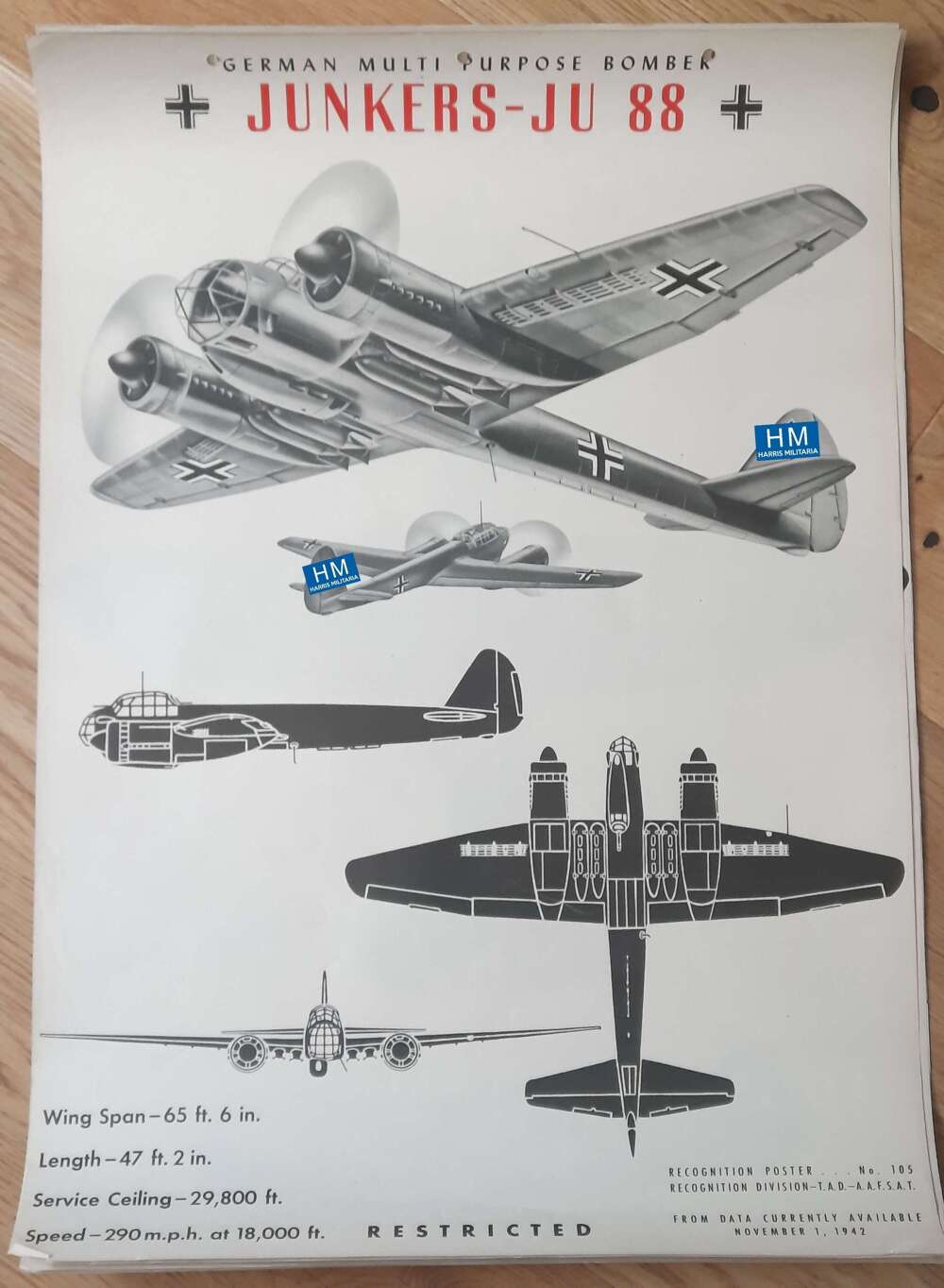 WW2 Junkers JU-88 Recogntion Poster