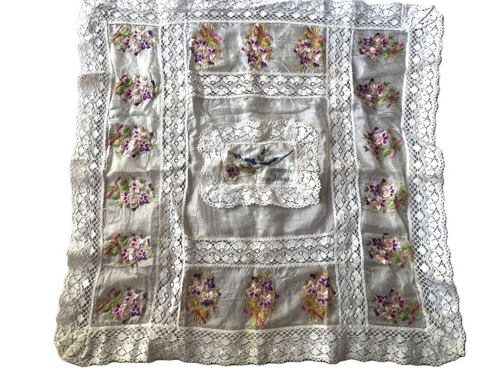 133) Coffee Table Size WW1 Embroidered Silk & Lace Table Cloth Souvenir From France.