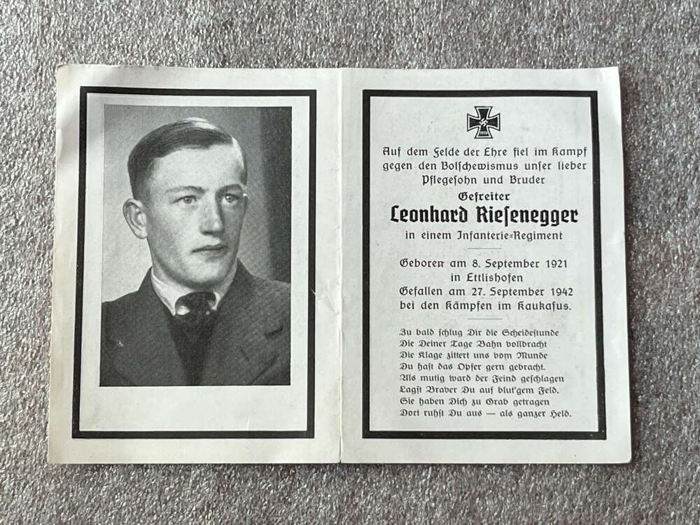 134) As Found Original WW2 German Death Card to Leonhard Riesenegger