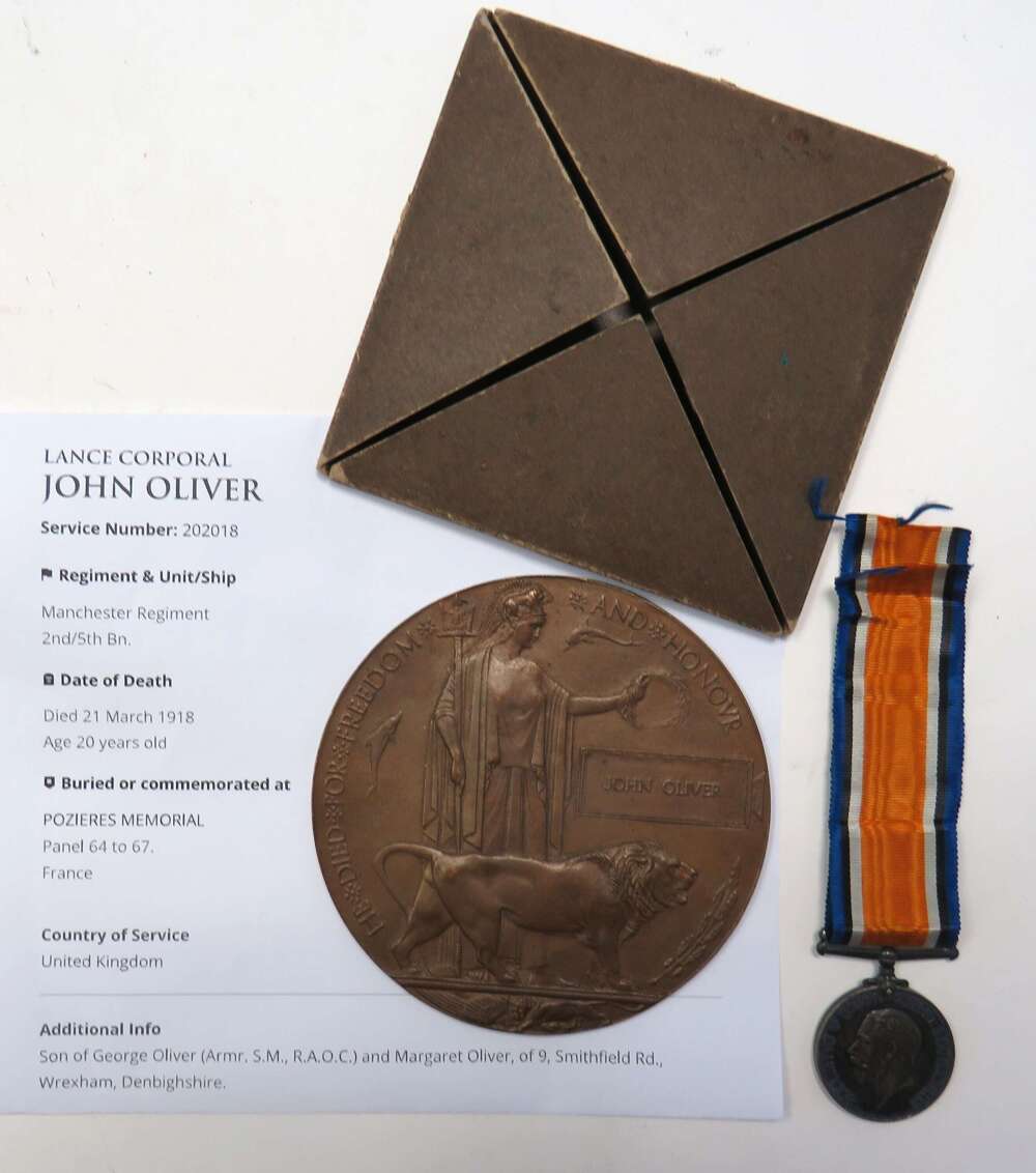 WW1 March Offensive Manchester Regiment Casualty Death Plaque and Silver War Medal