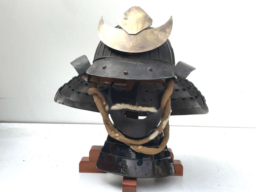 A koboshi kabuto [helmet with small standing rivets] and mempo [face mask]