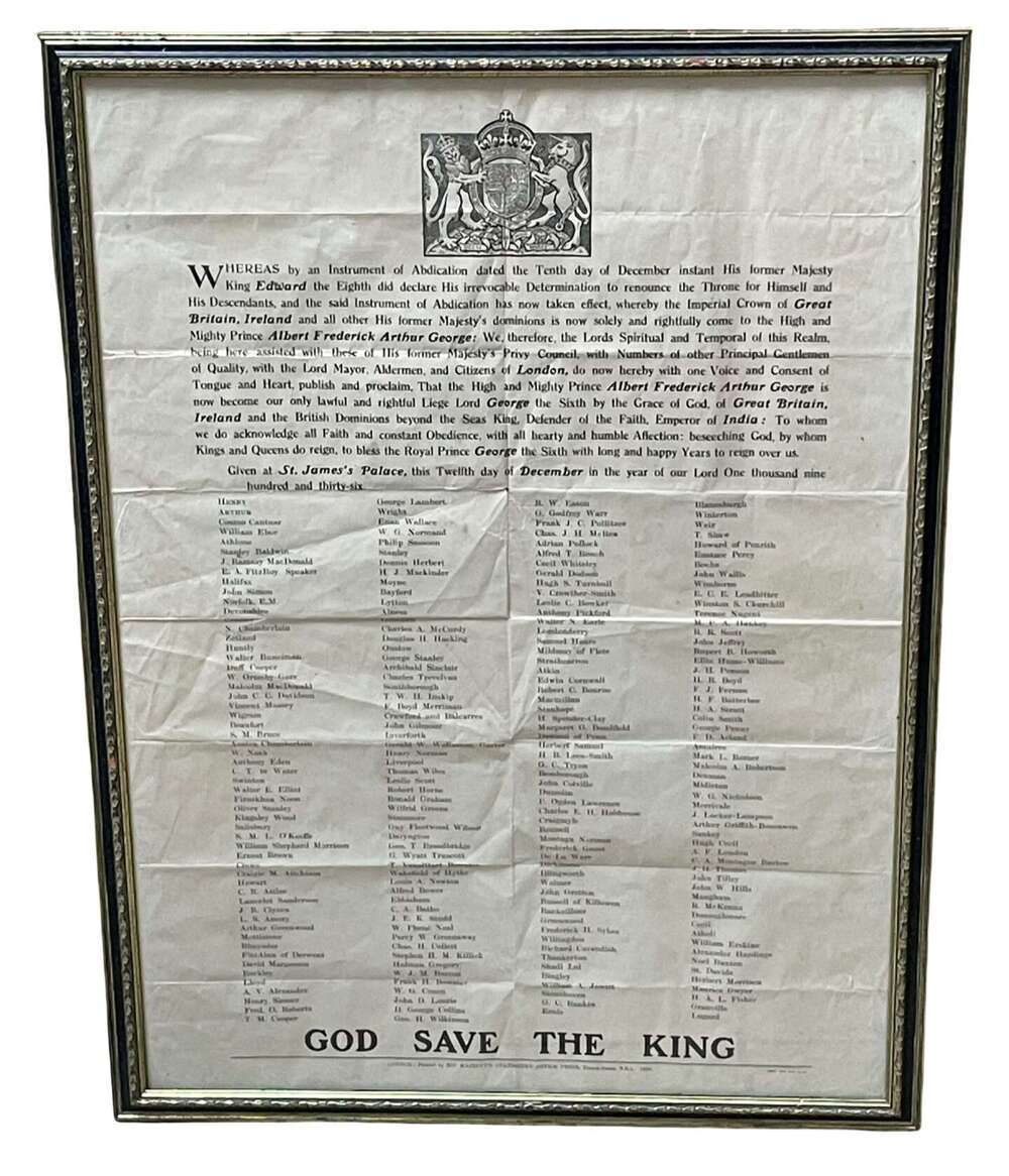 Pre WW2 1936 Dated Abdication Of King Edward VIII Framed Proclamation Poster