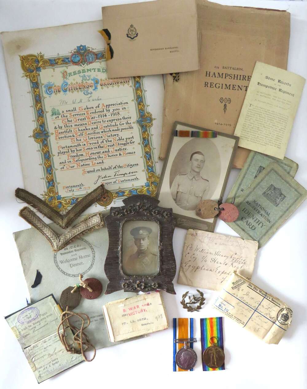 WW1 Hampshire Regiment 2/4th Battalion Medal Pair of Medals and Associated Ephemera