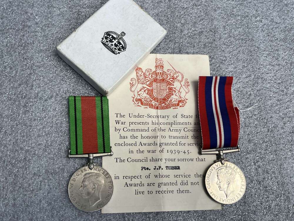 90) Boxed Original Defence & War Medal Pair Glasgow Home Guard Casualty Pte J.F.Turner
