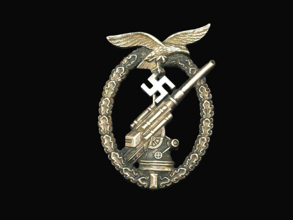 Luftwaffe Flak Badge in Nickel Silver. Ball Hinge