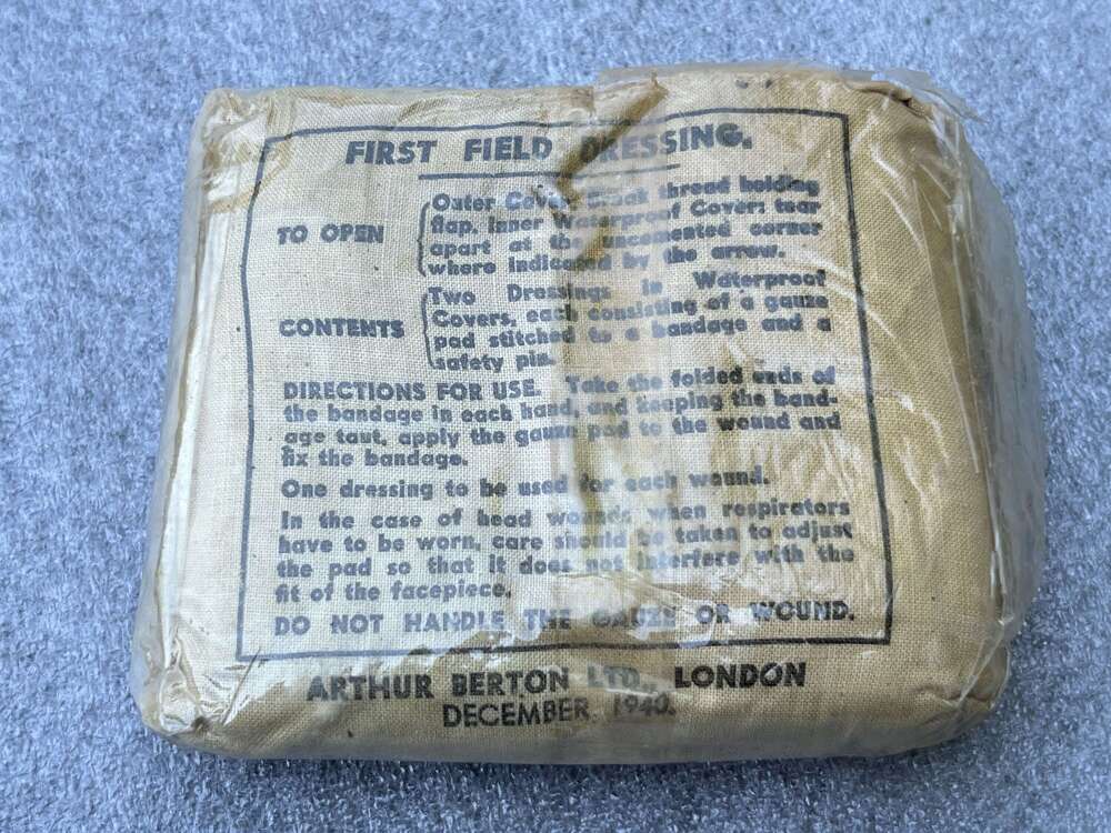 3) Original WW2 British Army First Field Dressing Dated 1940