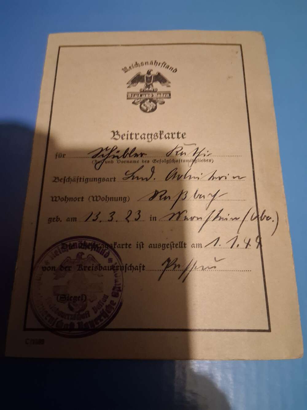 Third Reich Contribution Card