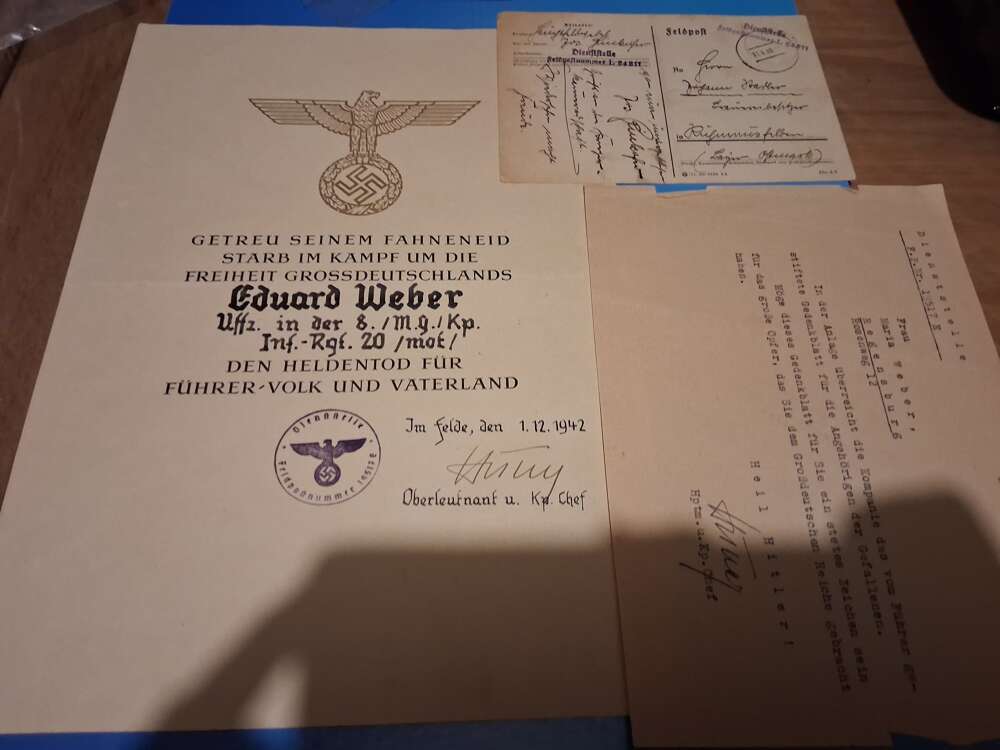 Third Reich killed in action certificate group