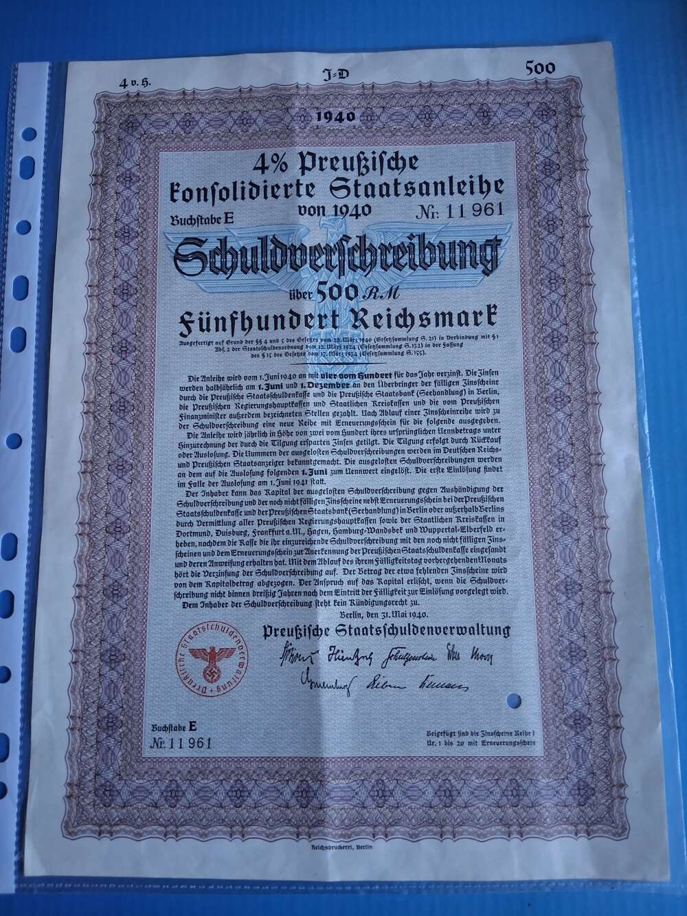 WW2 Third Reich five hundred Reichsmark bond