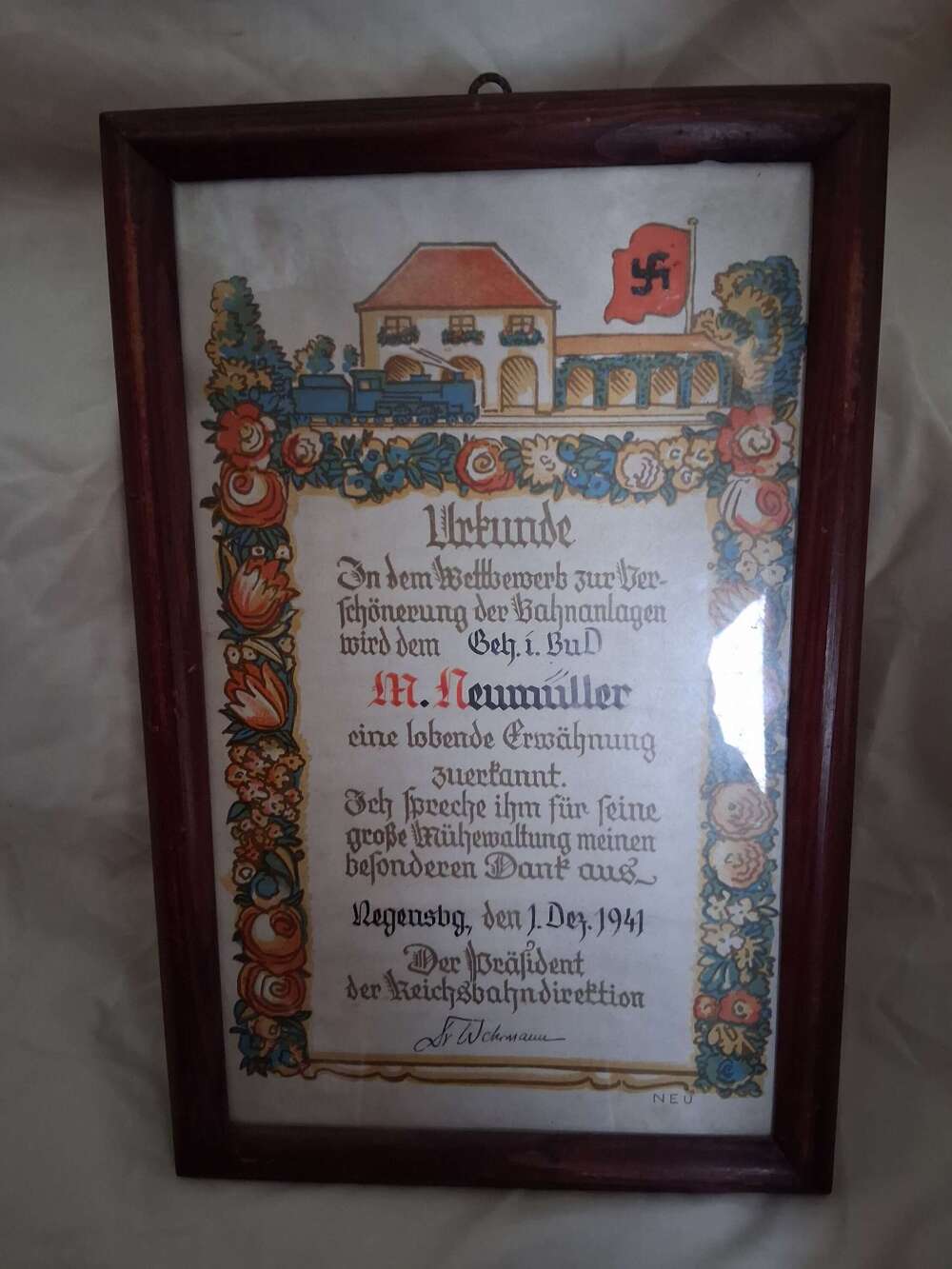 WW2 Third Reich railway certificate in a frame