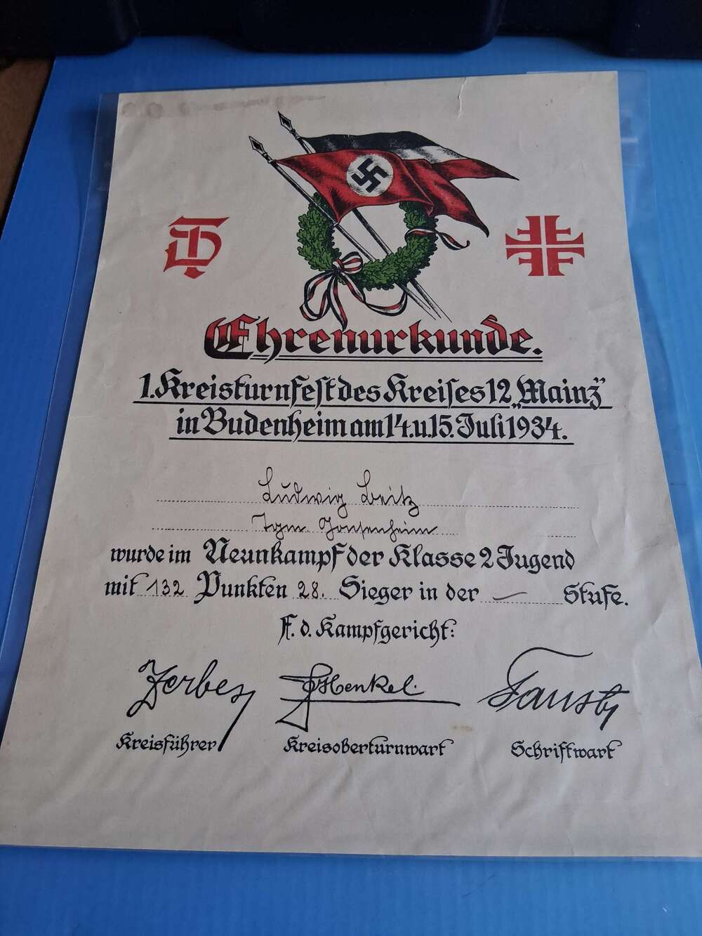 WW2 German third Reich gymnastics certificate