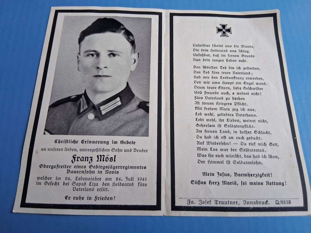 WW2 German third Reich death card