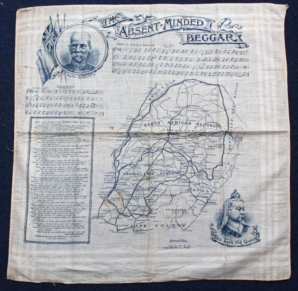 British Patriotic Boer War Printed Cotton Map. Absent minded Beggar