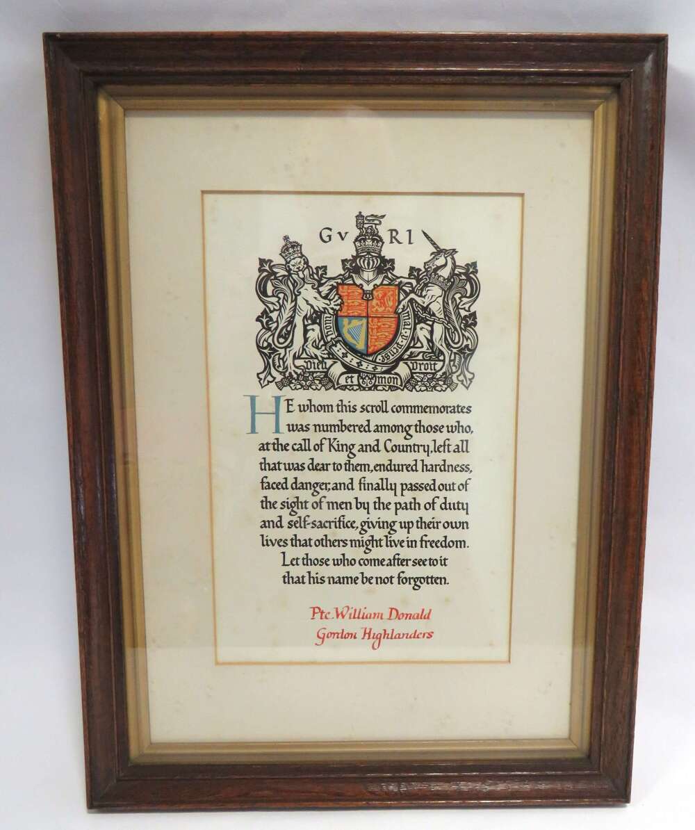 WW1 Framed Casualty Memorial Scroll 4th Gordon Highlanders