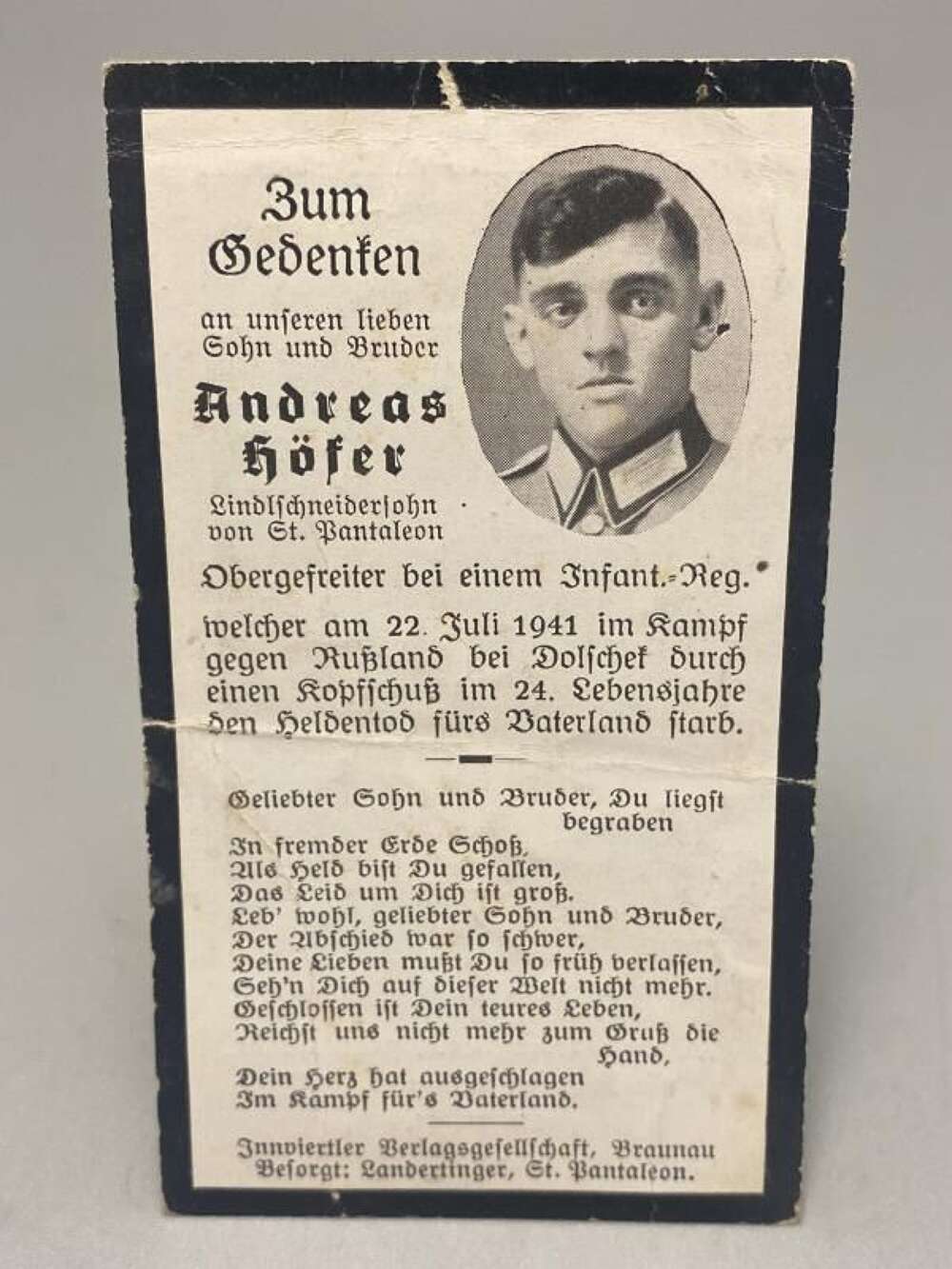 German Army Death Card Andreas H&Atilde;&para;fer Infantryman Dolschek Soviet Union 1941