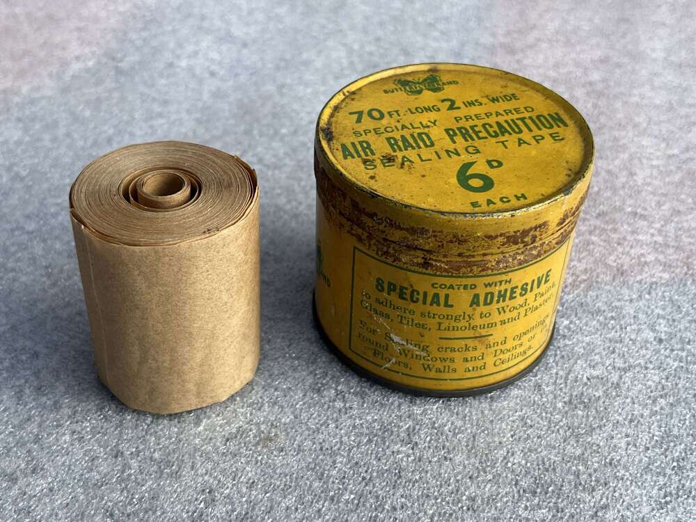 57) Excellent Original WW2 Home Front ARP Sealing Tape Tin & Part Contents.