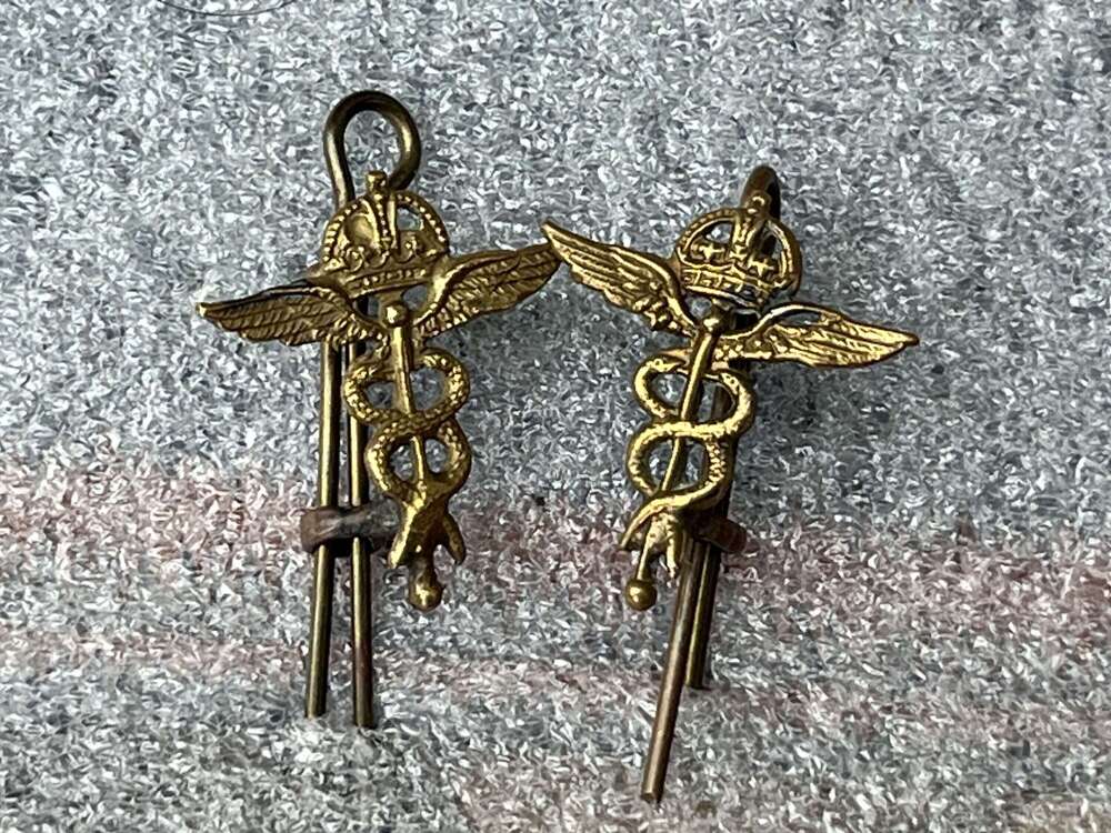 162) Good Original WW2 RAF Medical Brance Issue Collar Badge Pair