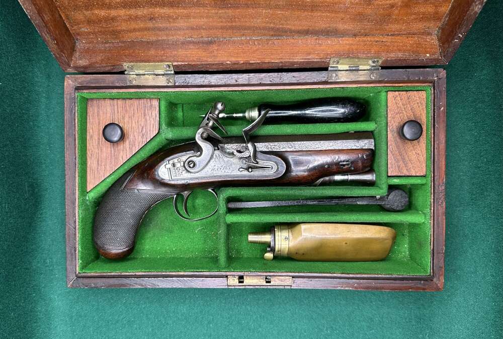 Cased Flintlock Travelling Or Greatcoat Pistol By Hanson Of Doncaster