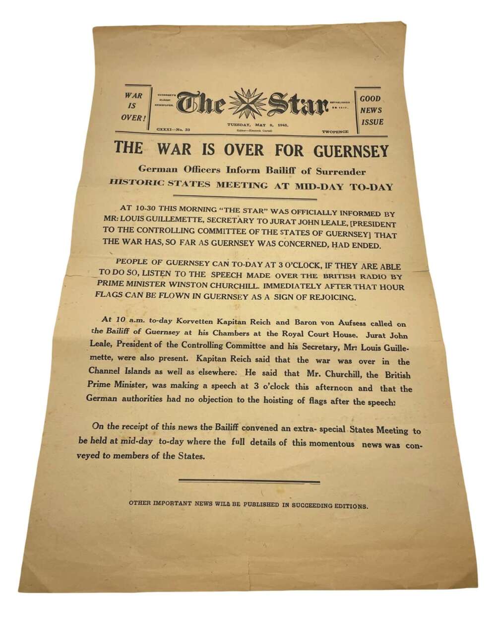 Rare WW2 British The Star Newspaper Poster For The War Is Over For Guernsey