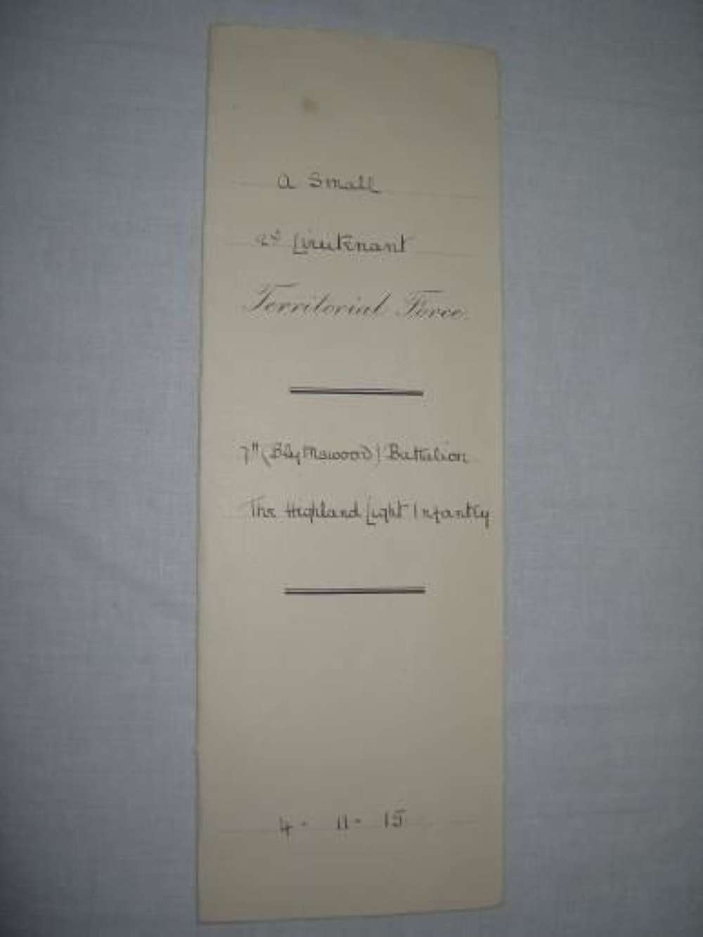 1915 DATED BRITISH ARMY HLI OFFICERS COMMISSION