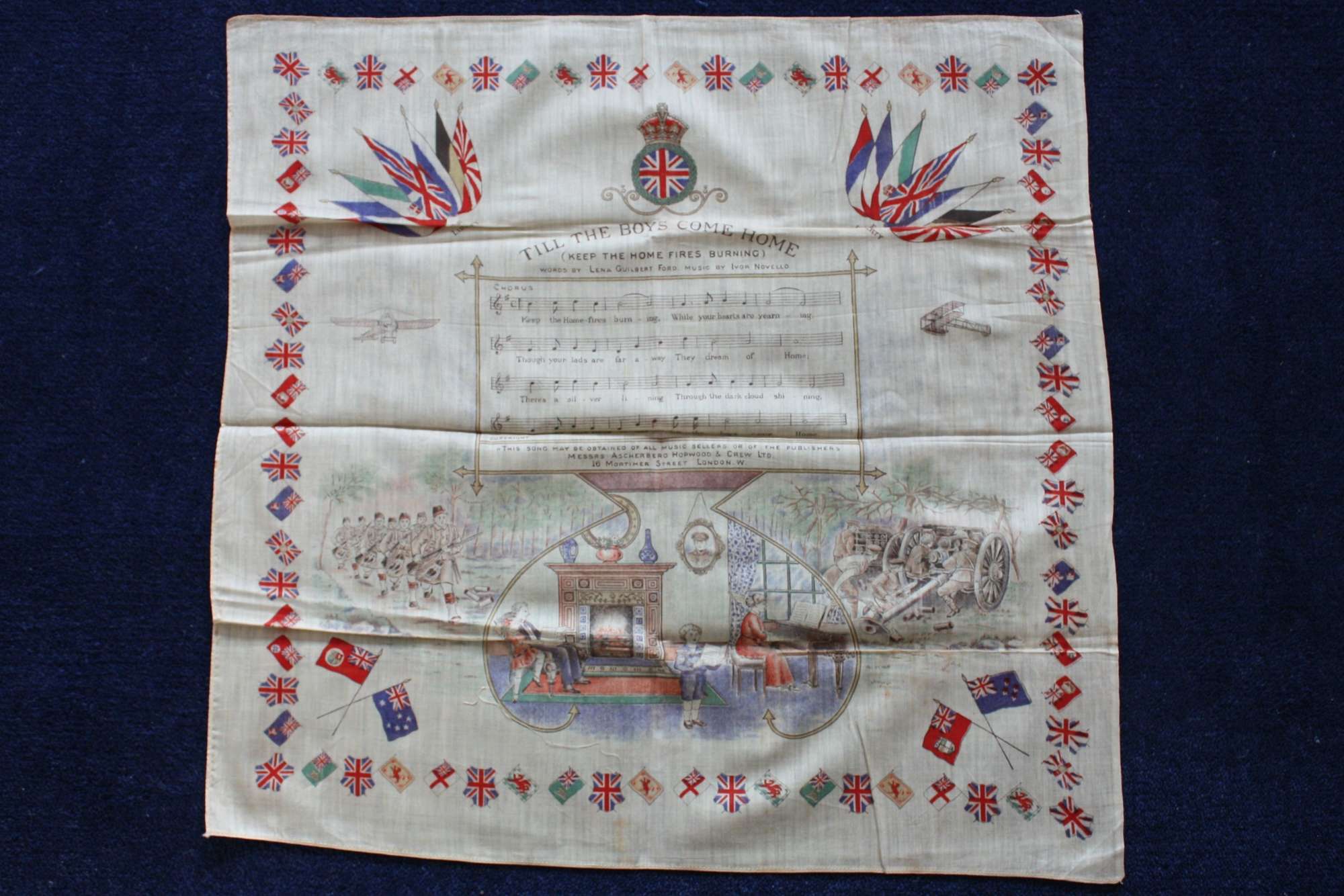 WW1 printed cotton souvenir handkerchief : Keep the Home Fires Burning
