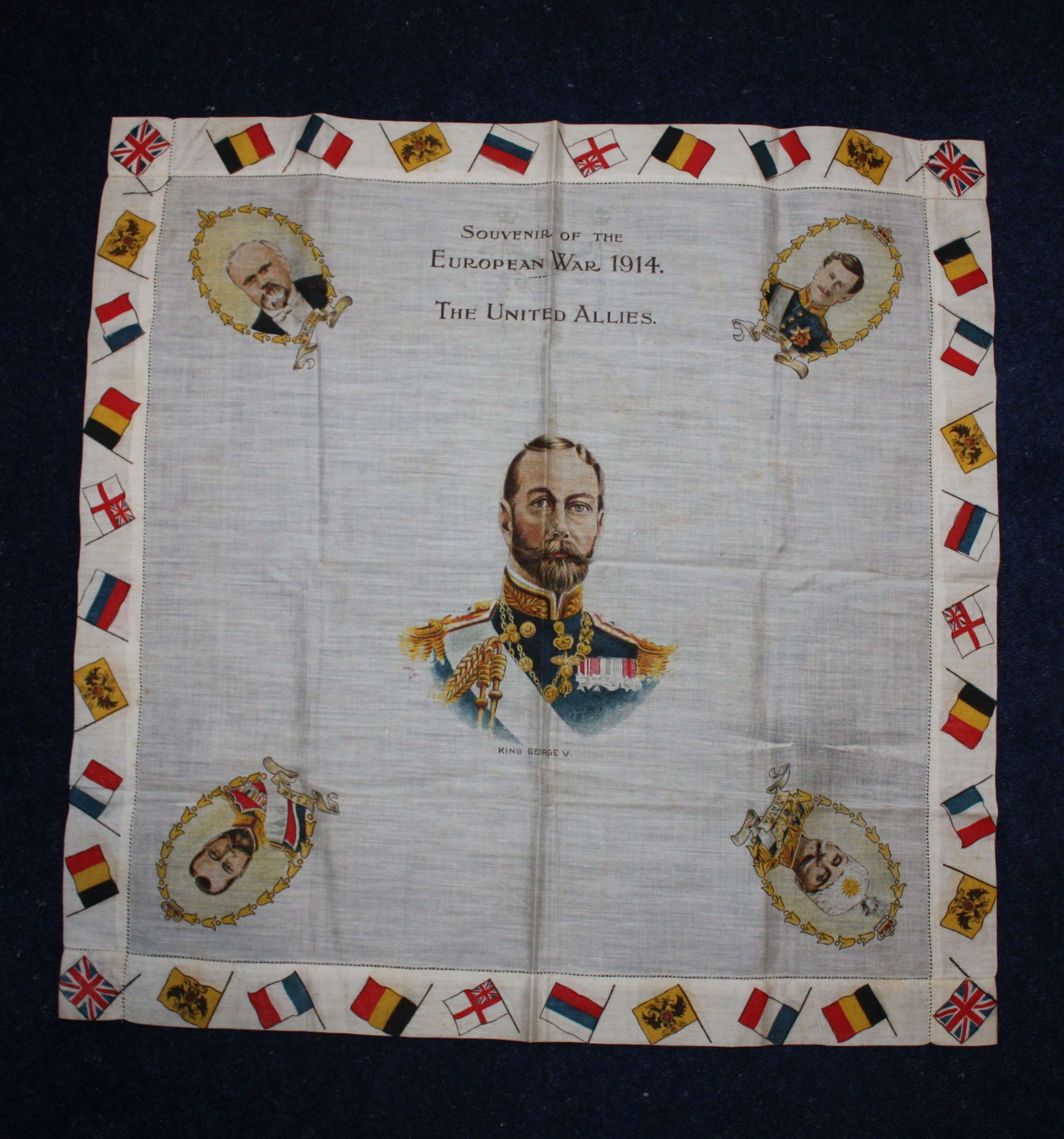 WW1 printed cotton souvenir handkerchief: George V & Allied Leaders.