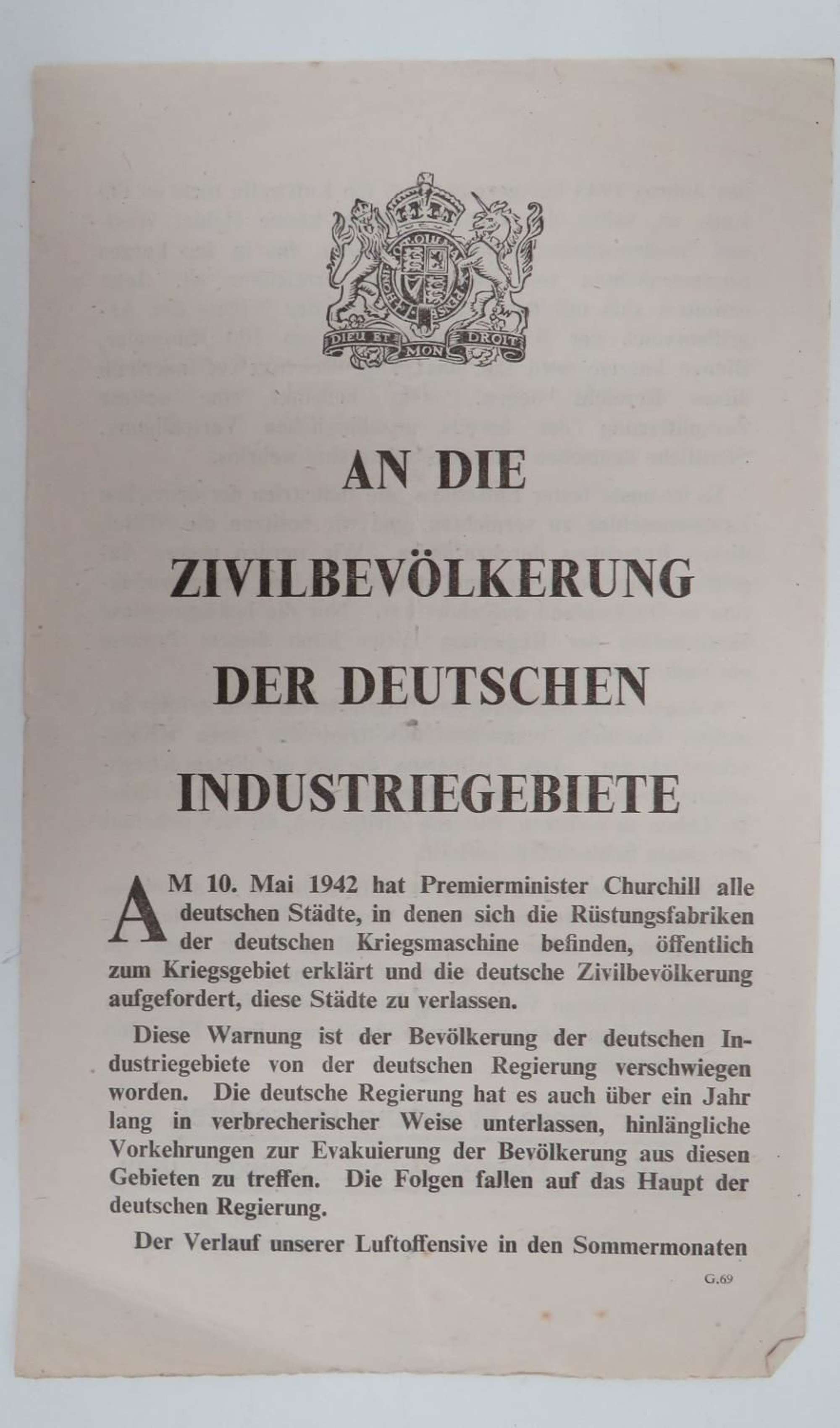 WW 2 German Propaganda Leaflet G69