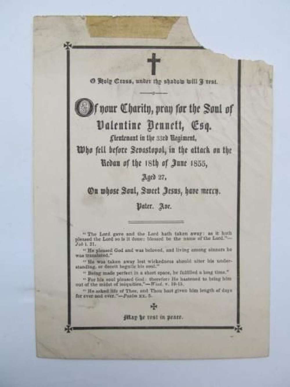 Original Crimea War Memorial Paper Officer 33rd Reg