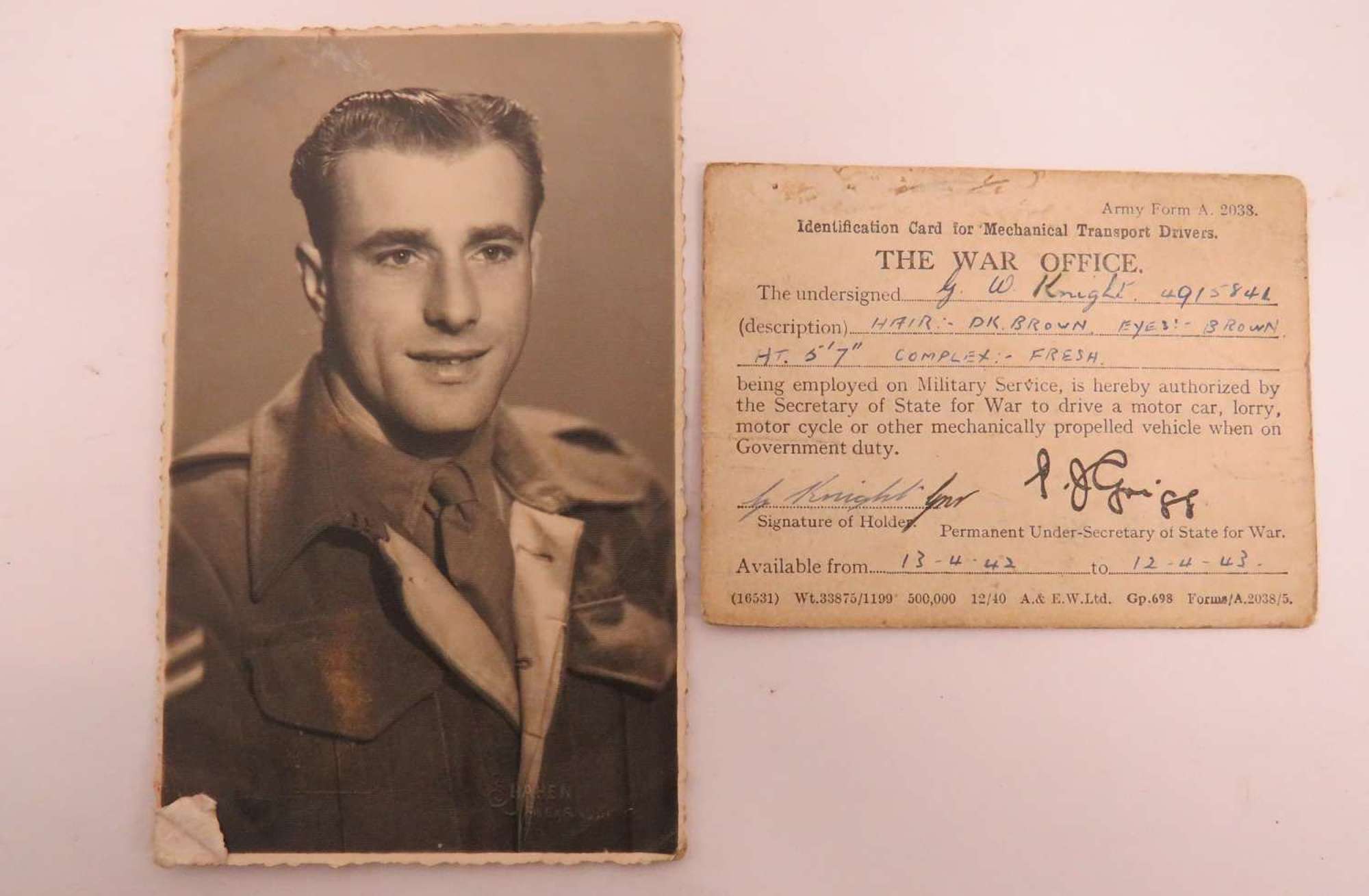 WW 2 Army Drivers Card and Photo