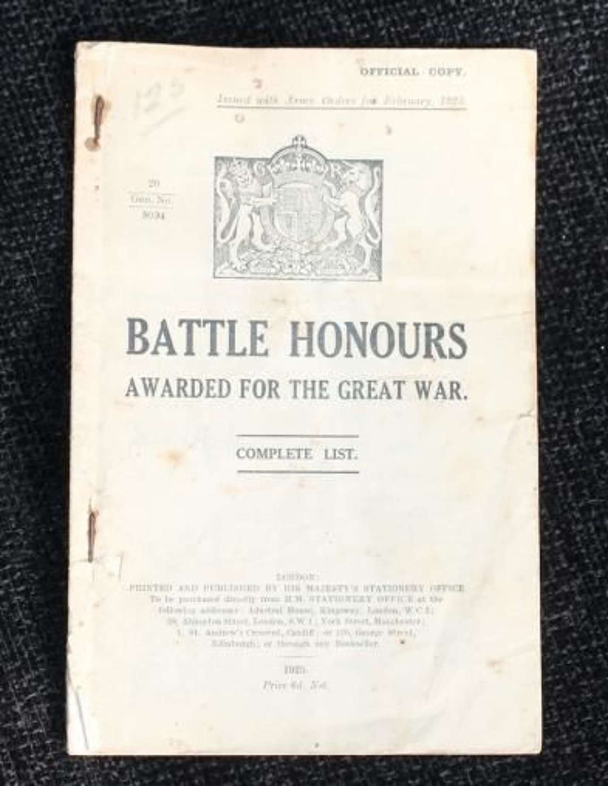 Booklet: Battle Honours Awarded For The Great War