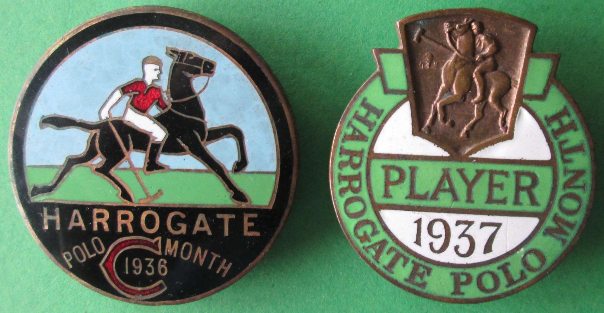 2 PRE WWII  HARROWGATE 1937 & 1936 POLO MONTH BADGES