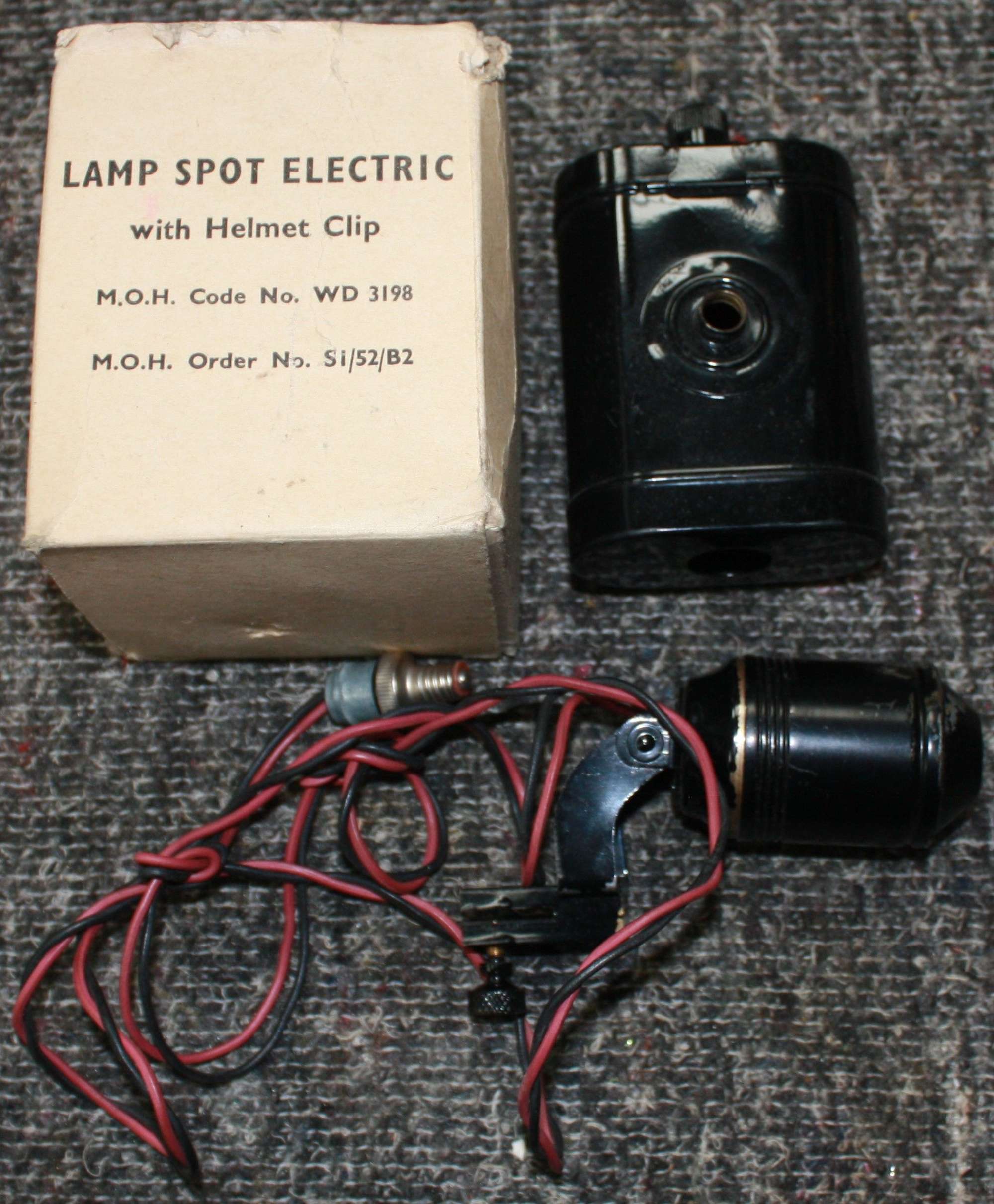 A BOXED WWII LAMP SPOT ELECTRICAL ARP / RESCUE PARTY HELMET LAMP