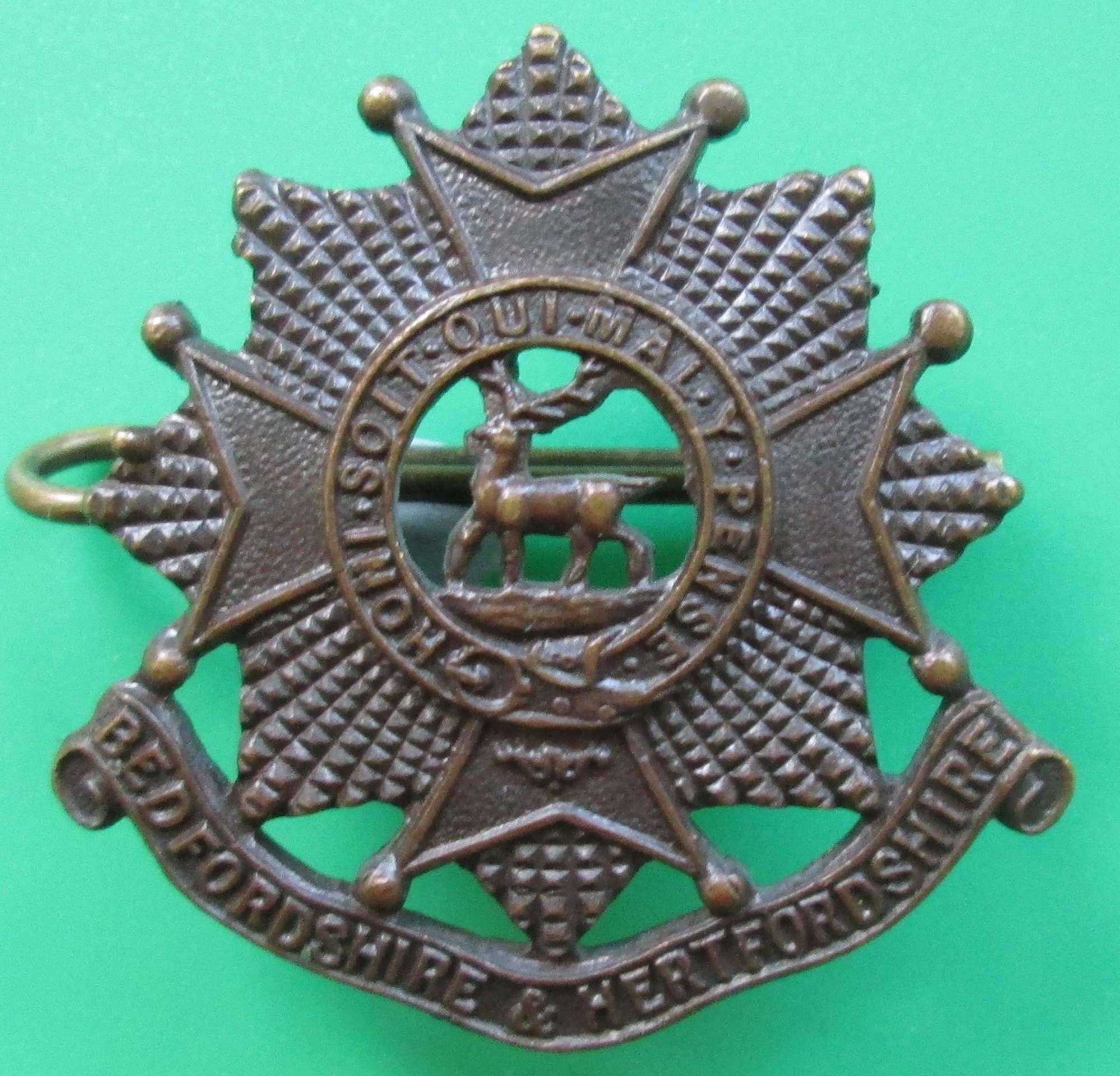 A OFFICERS BRONZE BEDFORDSHIRE AND HERTFORDSHIRE COLLAR DOG