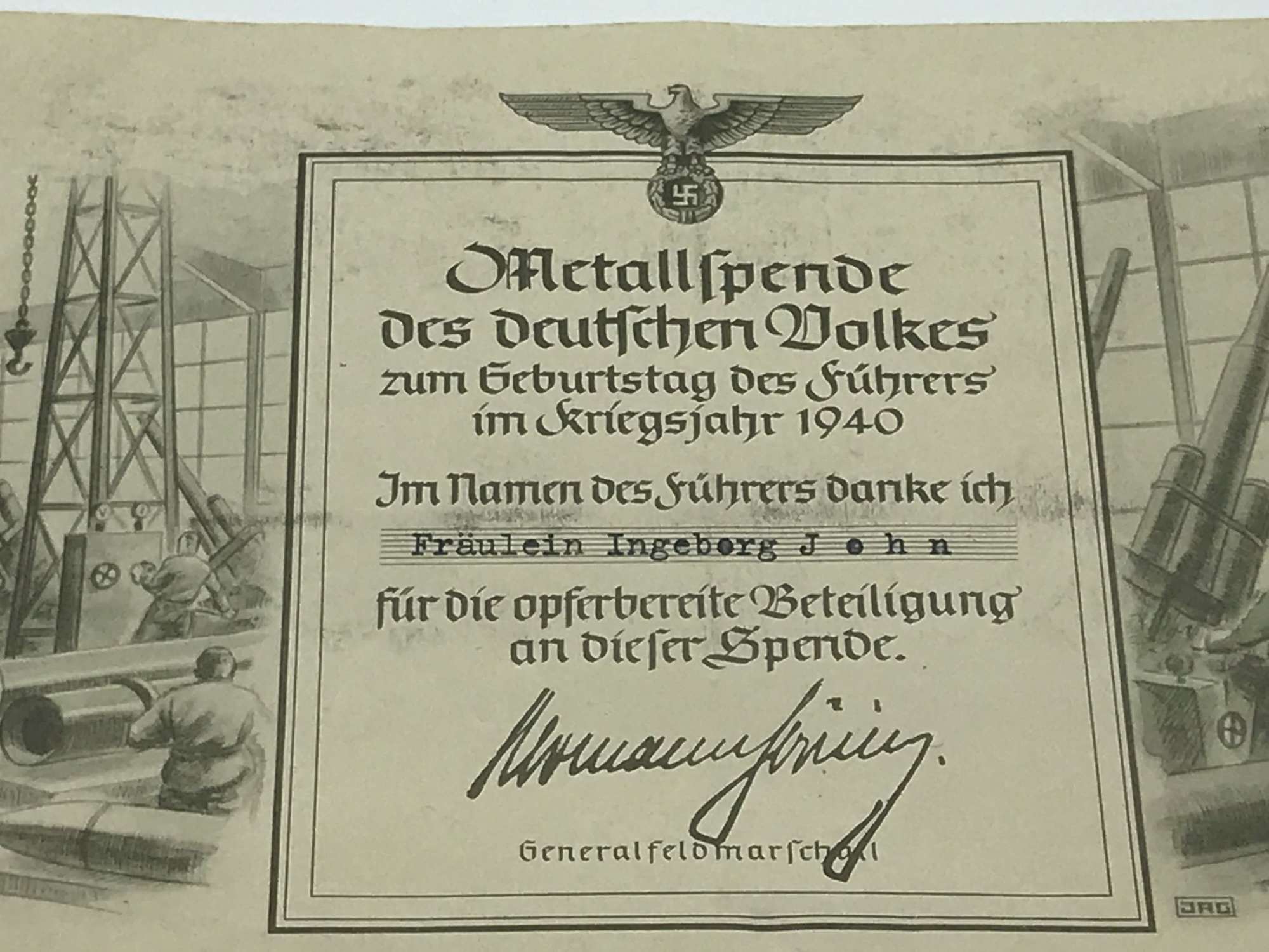 Certificate of metal donation for German war industry