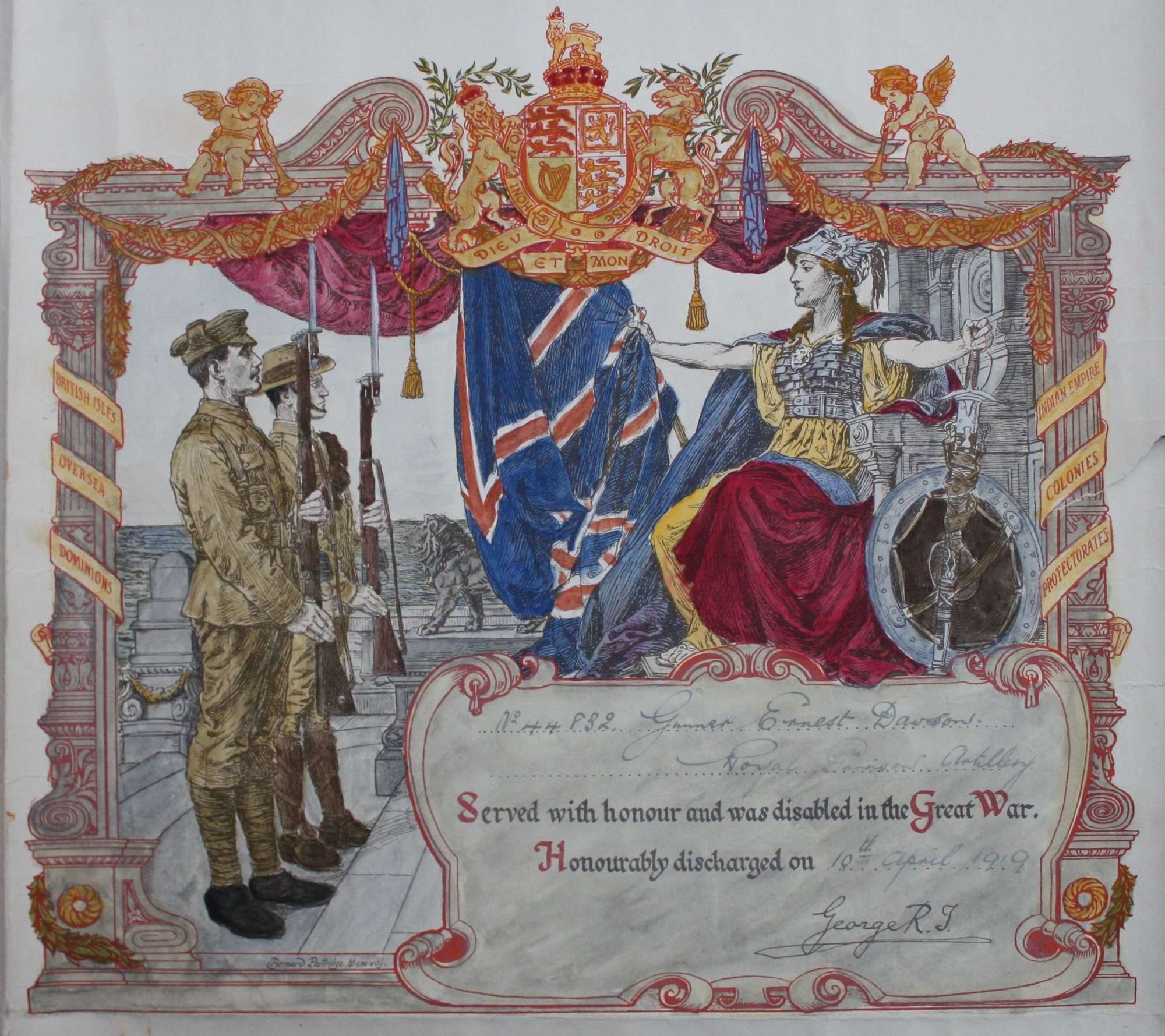 WW1 British Army Discharge Certificate. Royal Garrison Artillery