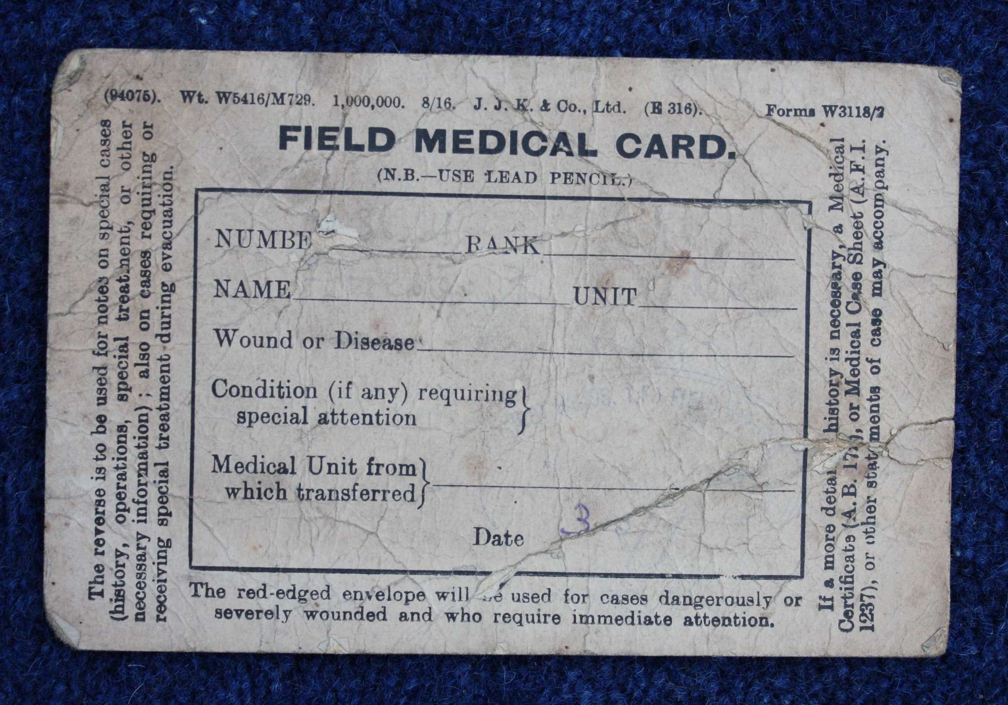 Rare British WW1 Field Medical Card dated 1917.