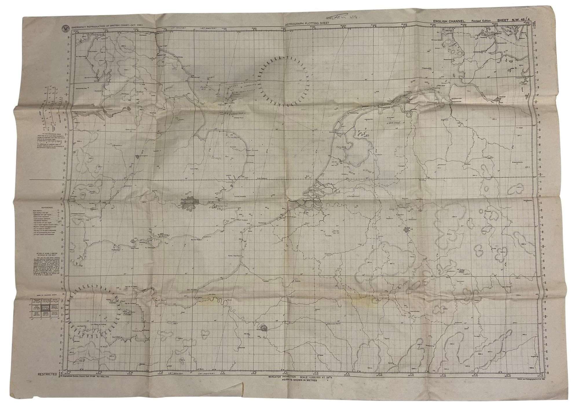 Original 1941 Dated USAAF Astrograph Plotting Map - English Channel