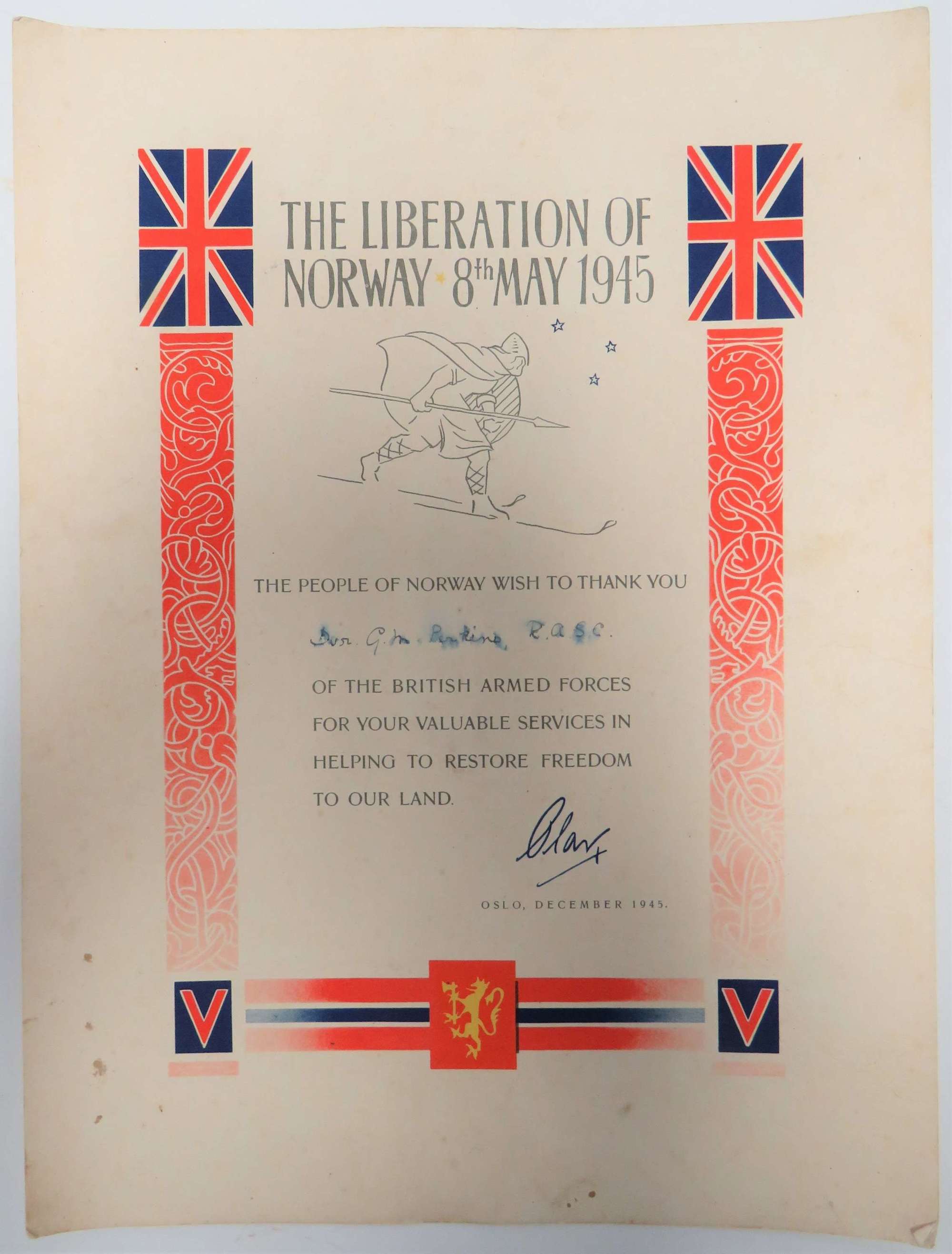 1945 Liberation of Norway Certificate