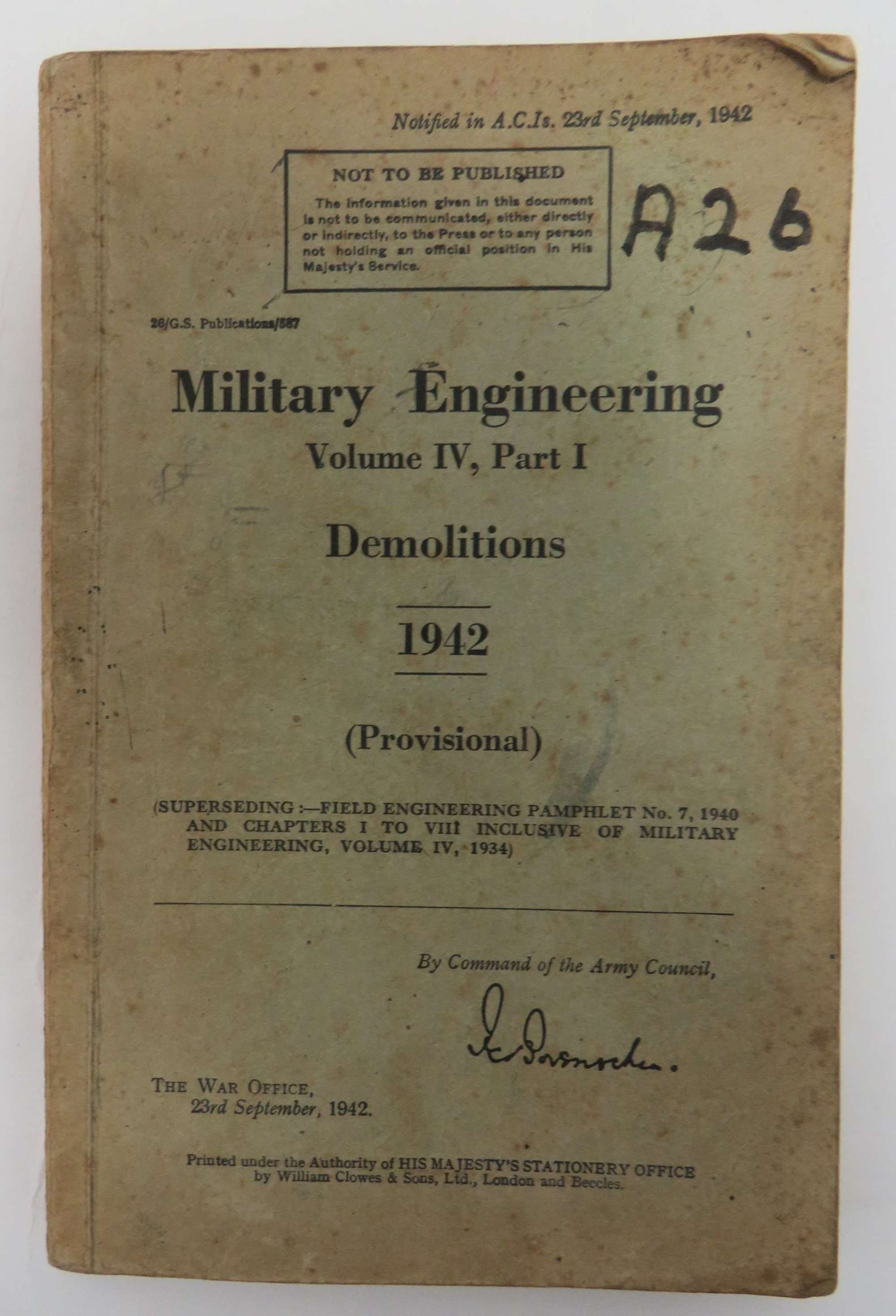 WW2 1942 Dated Military Engineering Demolitions Manual