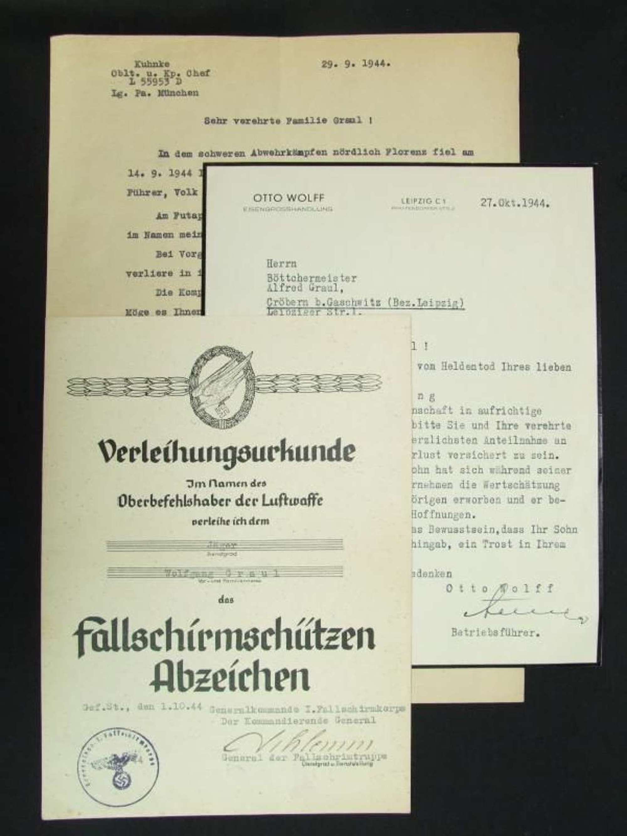 A Collection of Paperwork to a Fallschirmjager Casualty.