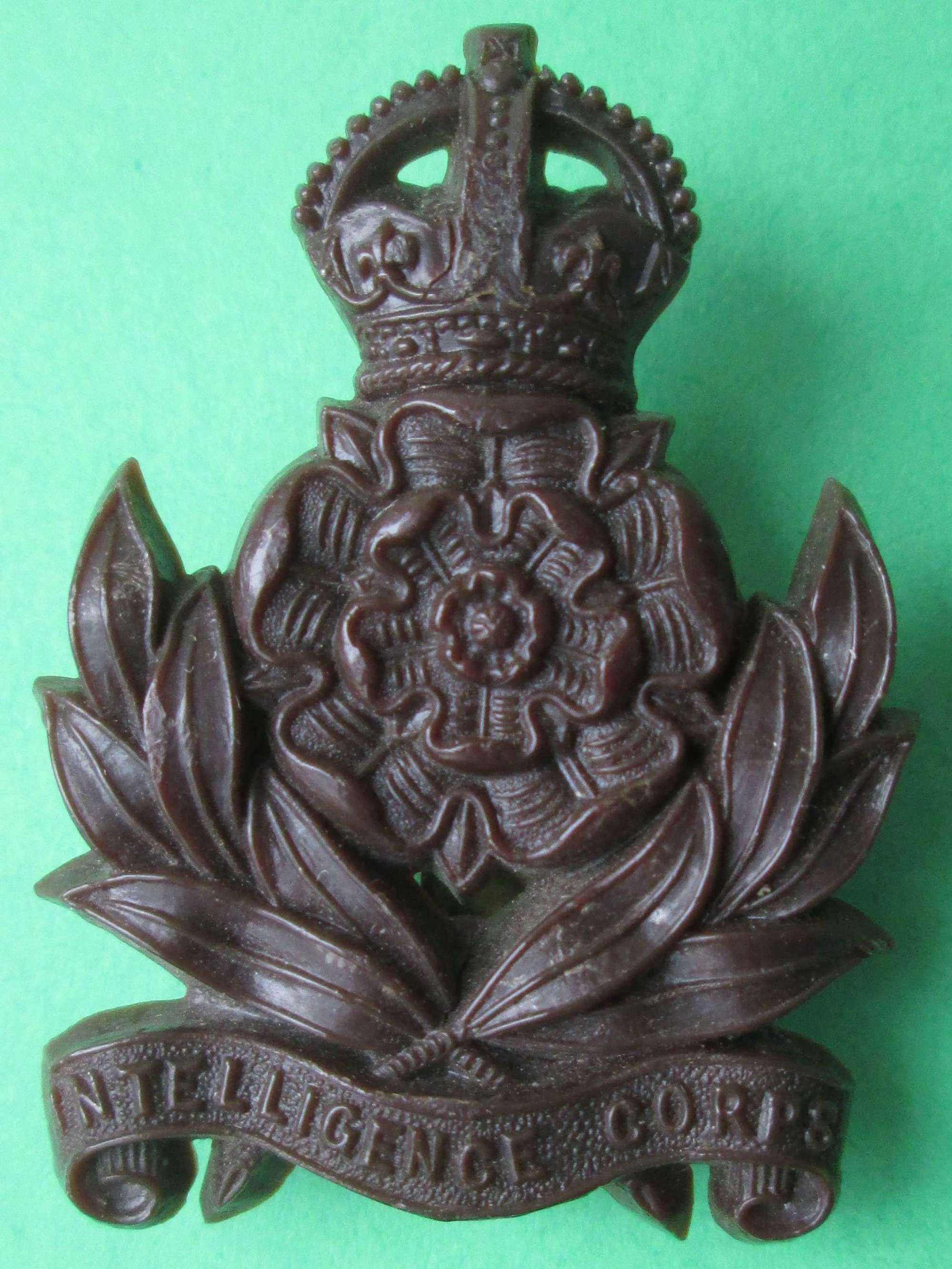 A GOOD WWII PLASTIC INTELLIGENCE CORPS CAP BADGE