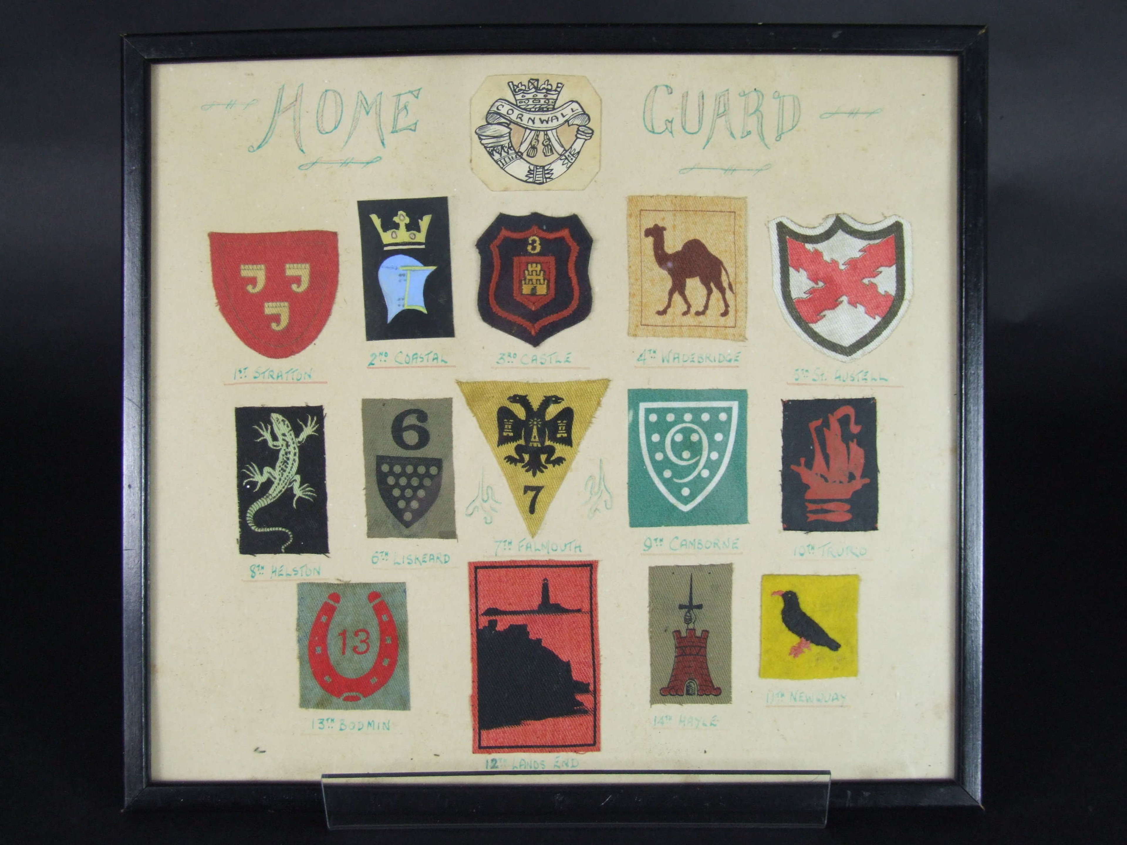 A framed Collection of 13 Original Cornish Home Guard Formation Signs
