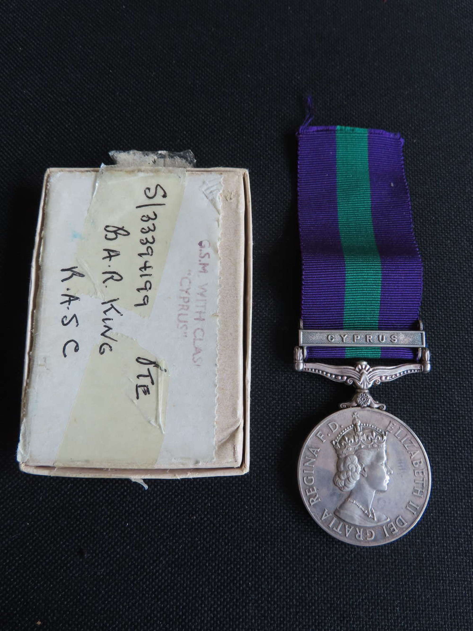 Cyprus general service medal awarded to Pte King R.A.S.C.